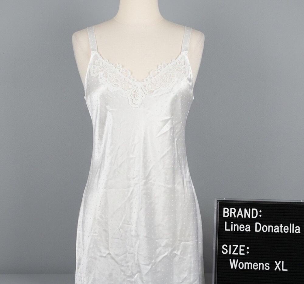 Vintage Linea Donatella Chemise Nightie Womens XL White Satin Floral Lace